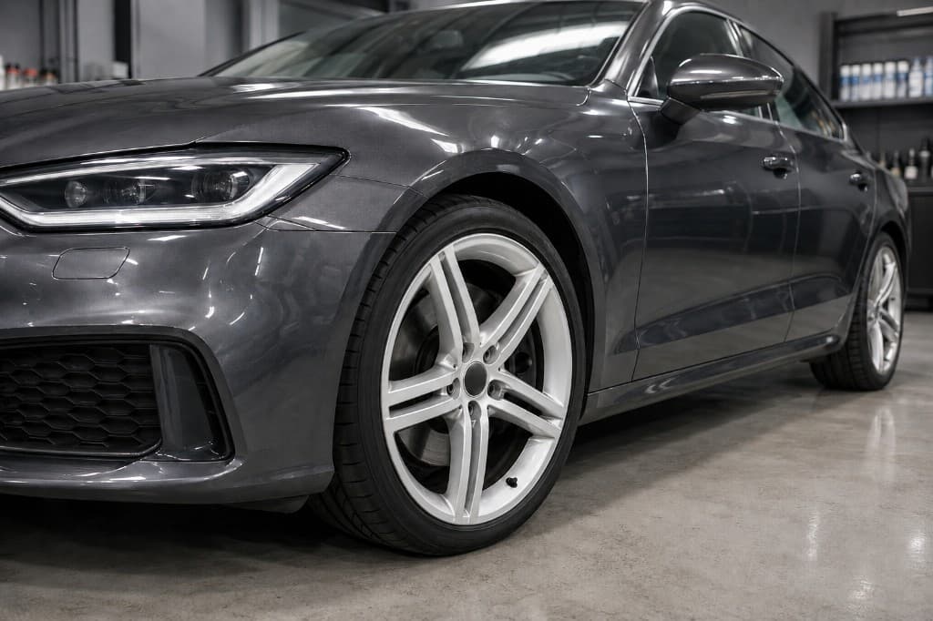Refurbished alloy wheel with a clean silver finish after repair