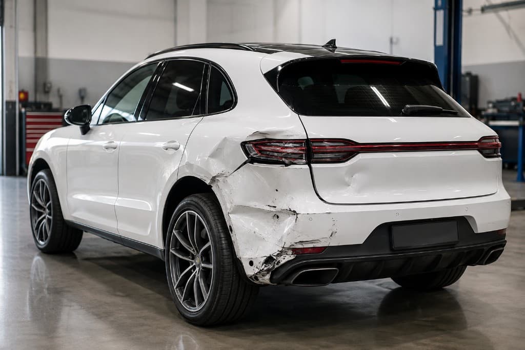 White SUV with crumpled rear quarter, cracked bumper and broken tail light before crash repair