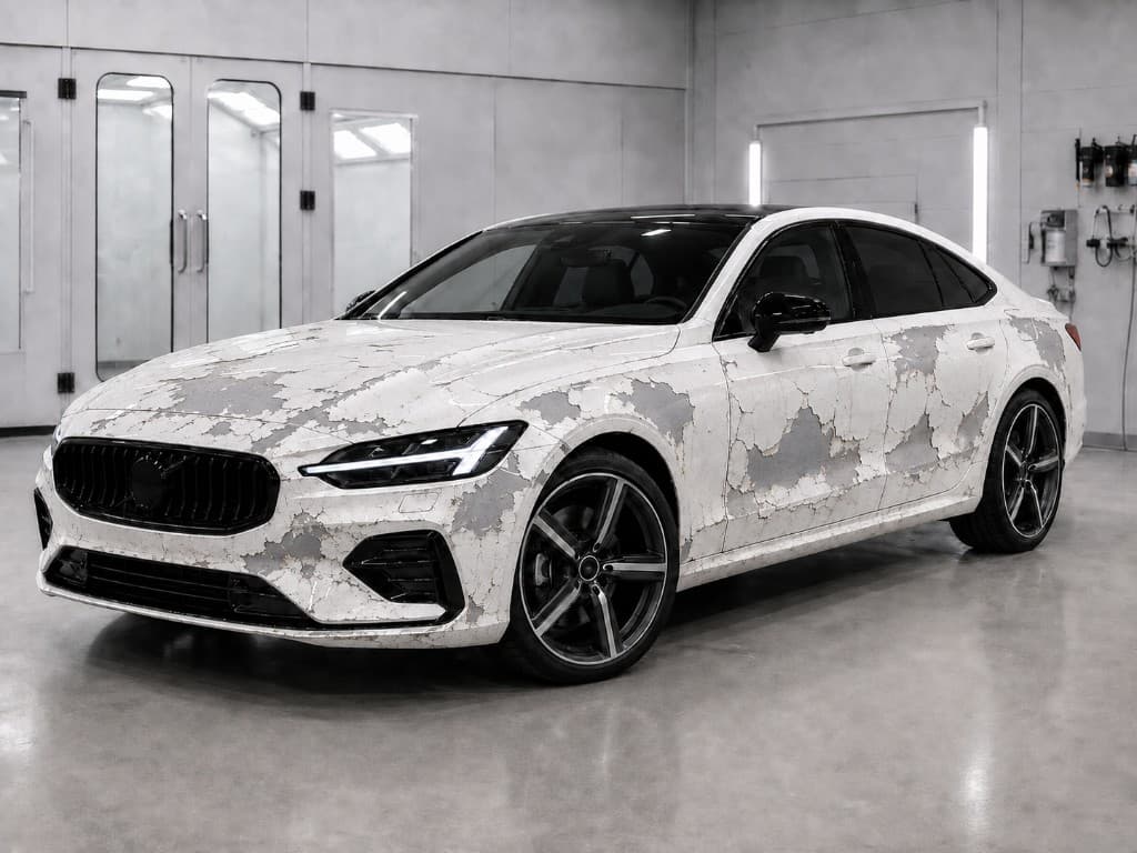 White sedan with peeling, failed paint across the body before a full respray