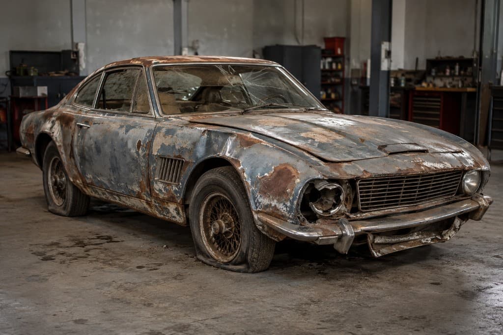 Classic coupe with rust, peeling paint, a cracked windscreen and flat tyres before restoration