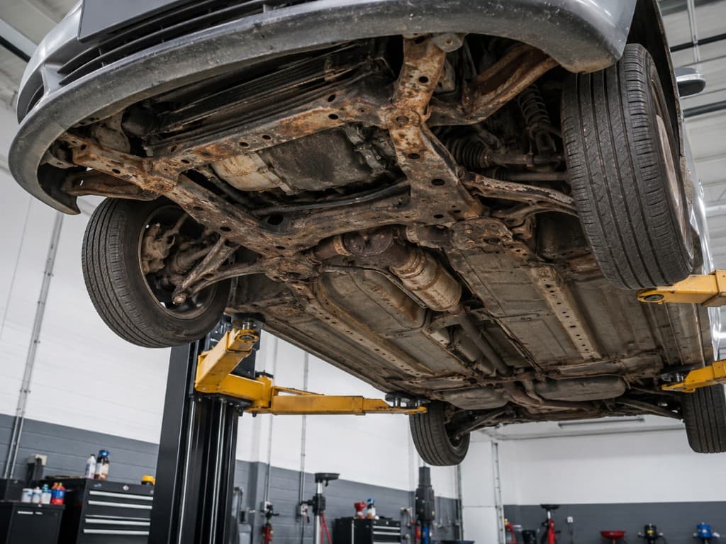 Vehicle underside with heavy rust and corrosion before treatment