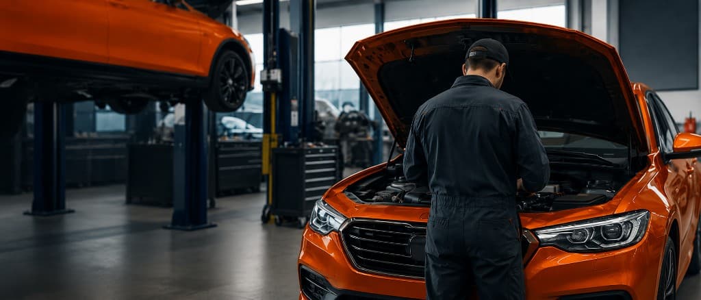Technician working under the hood of an orange car in the Maple Refinish Centre workshop